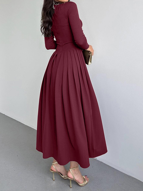 Split-Joint Solid Color Pleated Asymmetric Long Sleeves High Waisted One-Shoulder Maxi Dresses