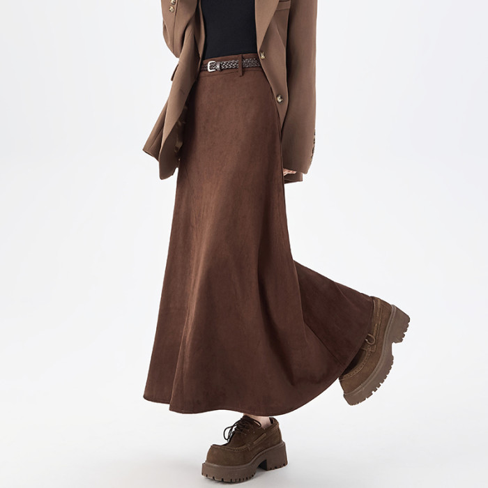 Elegant Korean Women Suede Skirts For Office Ladies Pockets Casual Loose A-Line High Waist Midi Skirt 2025 Autumn Winter L198