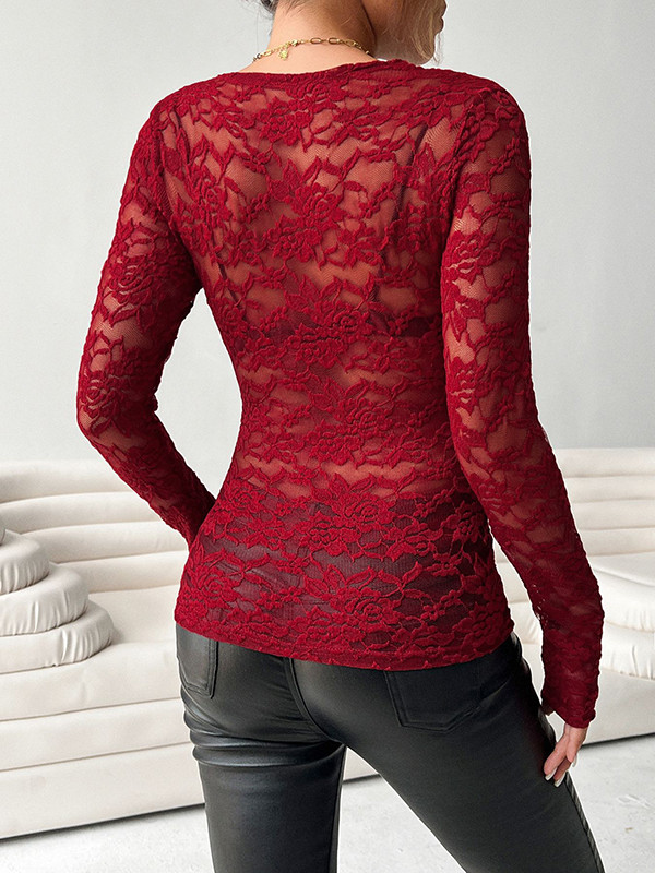 Solid Color See-Through Skinny Long Sleeves Deep V-Neck T-Shirts