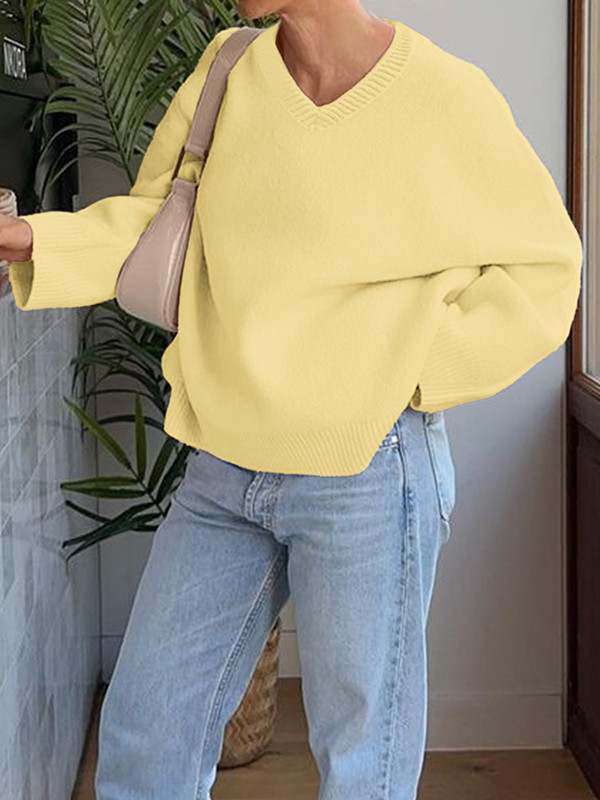 Solid Color Ribs Loose Long Sleeves V-Neck Sweater Tops