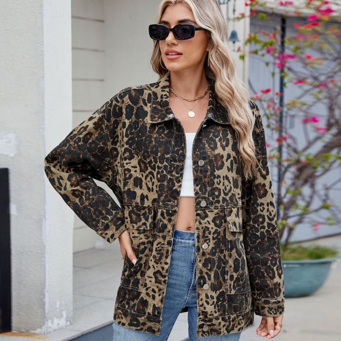 New Chic Women Denim Coats Autumn Female Button Long Sleeve Leopard Loose Jeans Coats Fashion