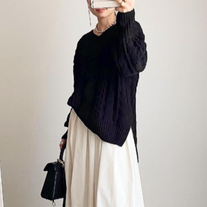 Chic Sweaters V-neck Loose Ladies Female Knitted Casual Pullovers Women Long Sleeve Autumn Spring