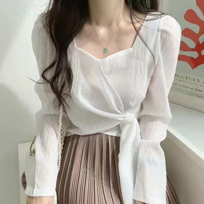 Vintage Square-Collar Shirt ✨ | Loose Long-Sleeve Asymmetrical Belt Top