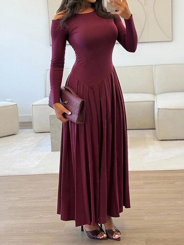 Split-Joint Solid Color Pleated Asymmetric Long Sleeves High Waisted One-Shoulder Maxi Dresses