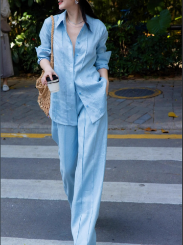 Cotton Linen  Ladies Blouses Pants Suits Loose Turn-down Collar Female Women Casual Shirts 2 Pieces Set