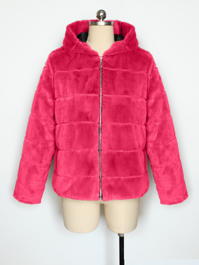New Fashion Faux Fur Coat Hooded 2025 Women Thicken Winter Zipper Long Sleeve Ladies Loose Warm Jackets Casual  P196