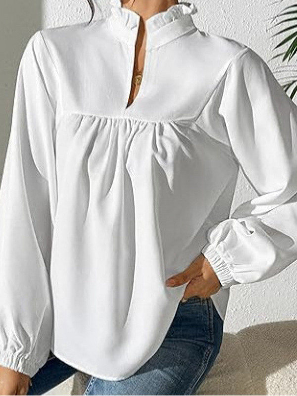 Solid Color Ruffled Pleated Seven-Quarter Sleeves Puff Sleeves Stand Collar Blouses&Shirts Tops