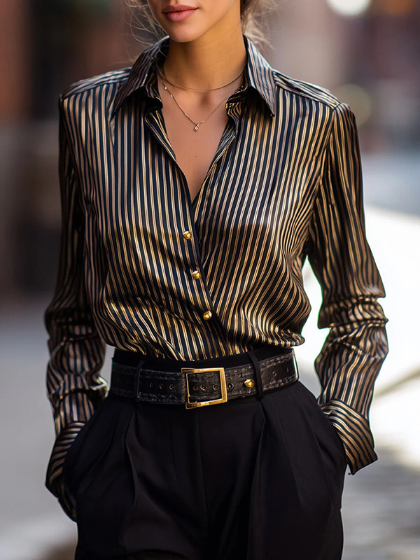 Striped Contrast Color Buttoned Loose Long Sleeves Lapel Blouses&Shirts Tops