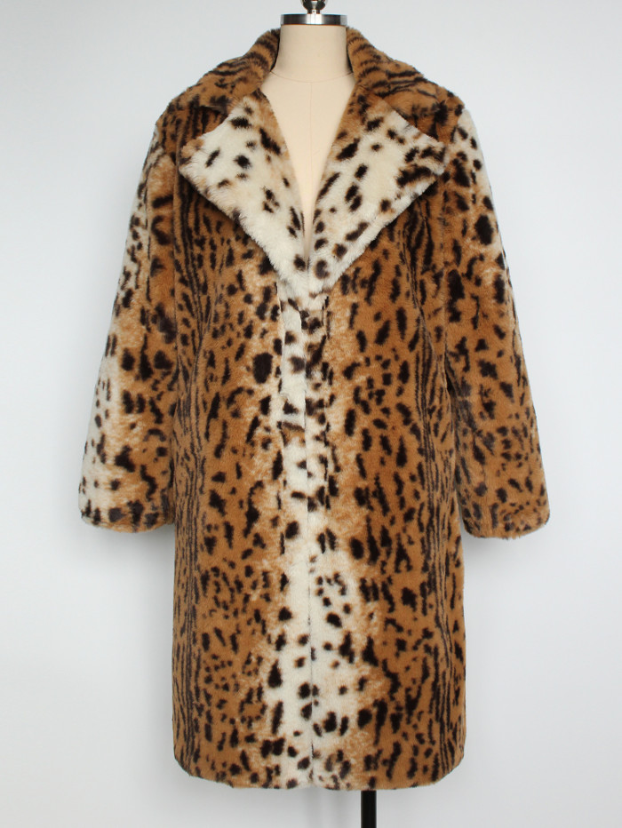 New Leopard Faux Fur Overcoat  2025 Women Warm Thicken Winter Turn-down Collar Long Sleeve Ladies Casual Loose Coat Casual  P19F
