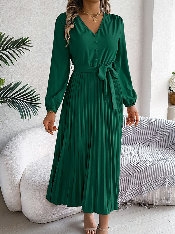 Solid Color Pleated Buttoned Belted Puff Sleeves Long Sleeves V-Neck Maxi Dresses