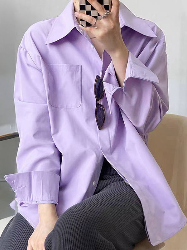Solid Color Pockets Buttoned Loose Long Sleeves Lapel Blouses&Shirts Tops