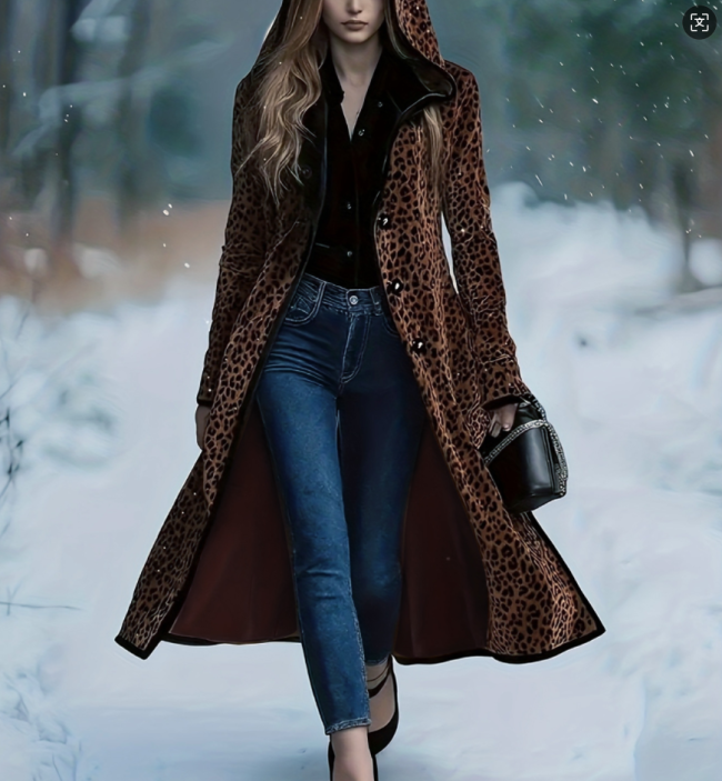 Suede Coat  Leopard Women's 2025 Autumn Winter Hooded Ladies Casual Loose  Female Long Overcoat Q195a