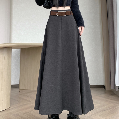 Belt Faux Woolen Skirts For Office Ladies Casual Loose  High Waist Midi Skirt 2025 Autumn Winter Women Elegant L194