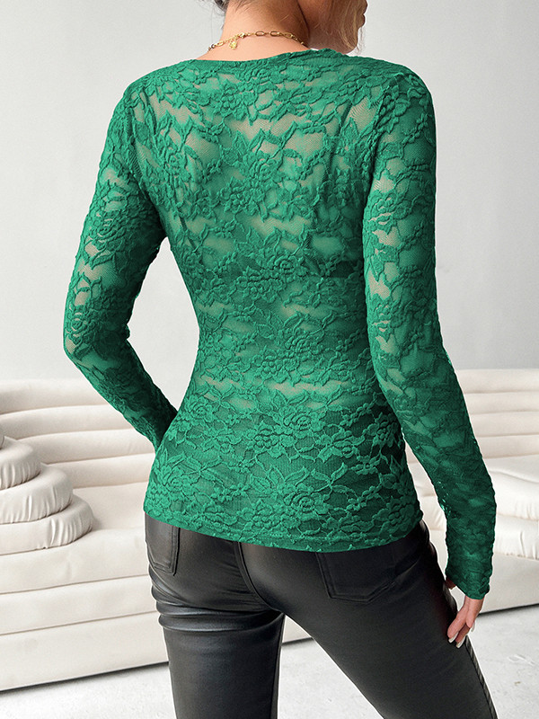 Solid Color See-Through Skinny Long Sleeves Deep V-Neck T-Shirts