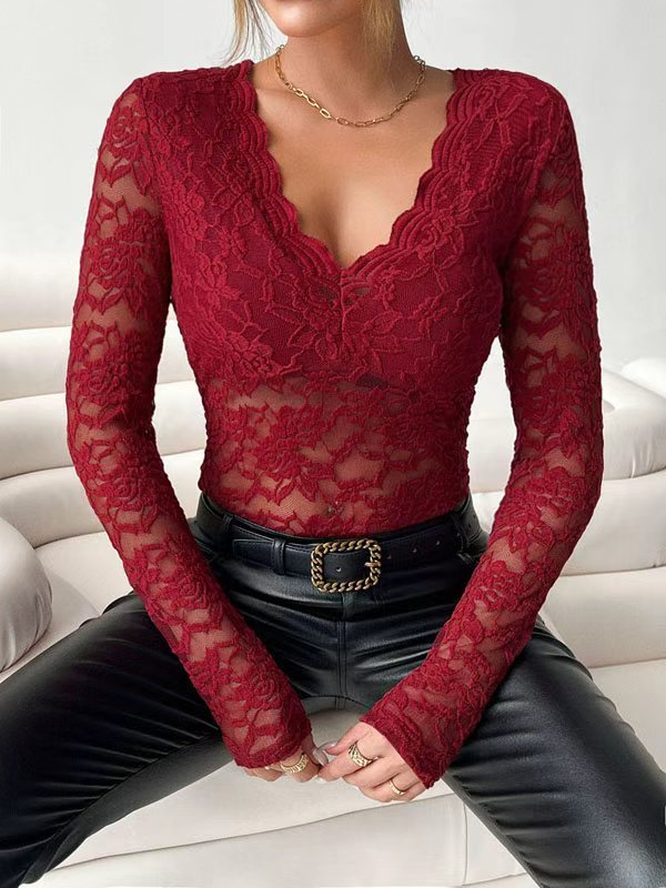 Solid Color See-Through Skinny Long Sleeves Deep V-Neck T-Shirts