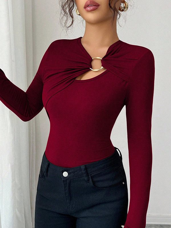 Split-Joint Solid Color Skinny Long Sleeves Asymmetric Collar T-Shirts