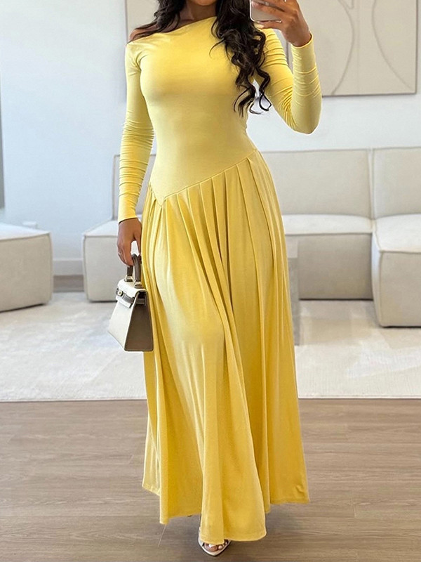 Split-Joint Solid Color Pleated Asymmetric Long Sleeves High Waisted One-Shoulder Maxi Dresses