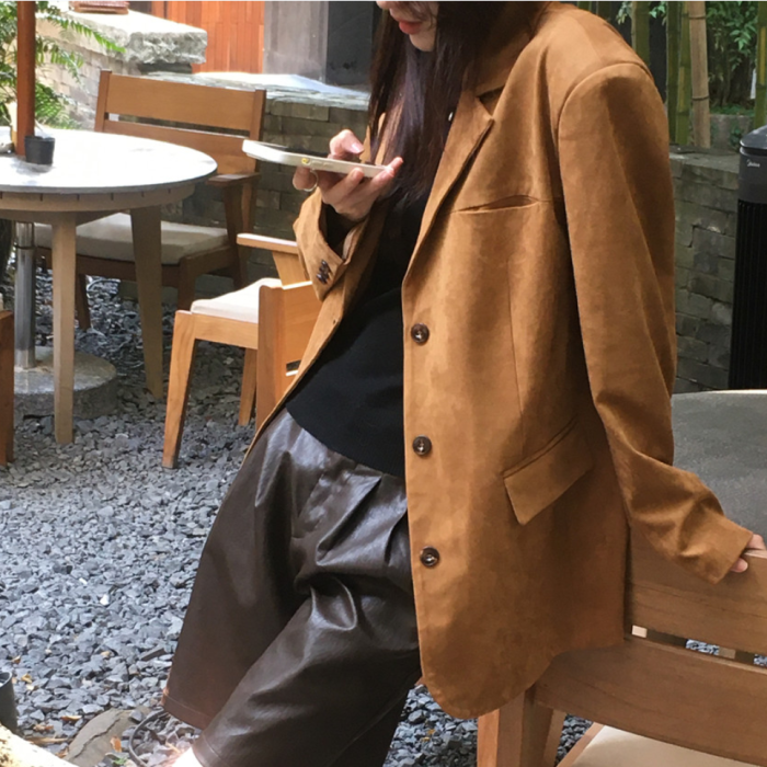 Elegant Suede Blazer Jackets Office Ladies Loose Single Breasted Female Women Casual Outerwear Autumn Winter