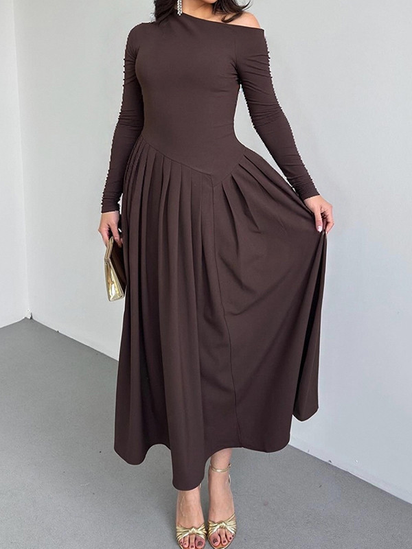 Split-Joint Solid Color Pleated Asymmetric Long Sleeves High Waisted One-Shoulder Maxi Dresses