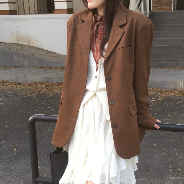 Elegant Suede Blazer Jackets Office Ladies Loose Single Breasted Female Women Casual Outerwear Autumn Winter