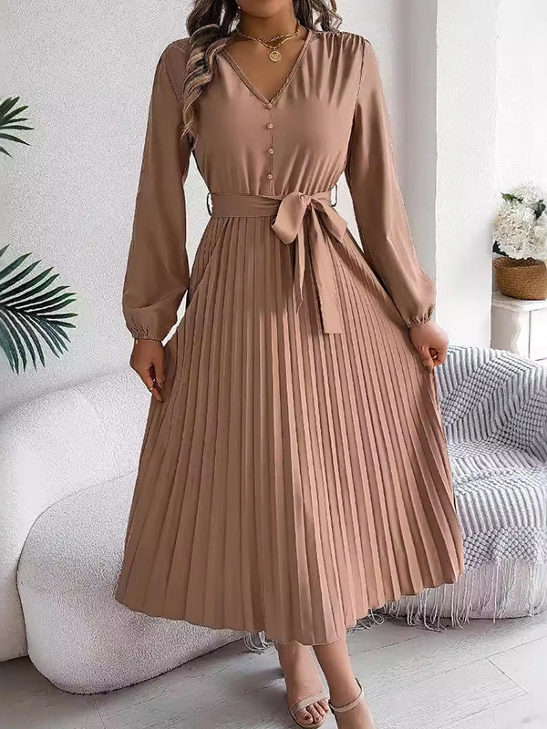 Solid Color Pleated Buttoned Belted Puff Sleeves Long Sleeves V-Neck Maxi Dresses