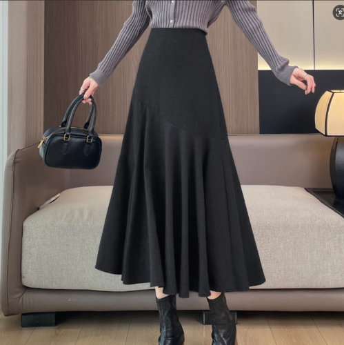 Faux Woolen Trumpet Skirts For Office Ladies Casual Loose  High Waist Midi Skirt 2025 Autumn Winter Women Elegant L192A