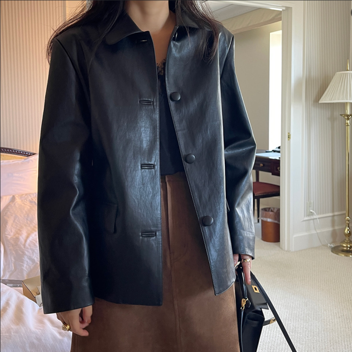 2025 Autumn Winter Elegant PU Leather Coat For Woman Turn-down Collar Streetwear Loose Faux Leather Coat Female R191