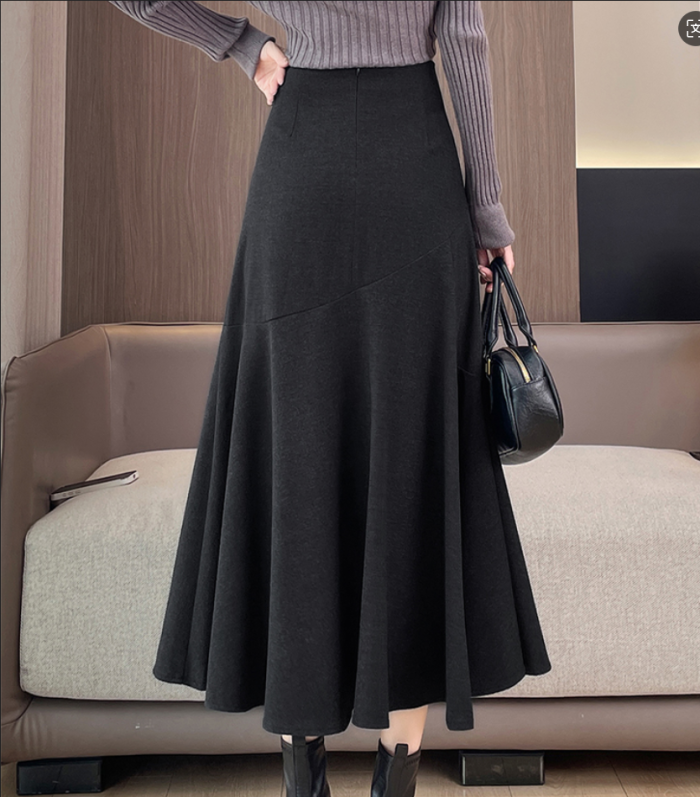 Faux Woolen Trumpet Skirts For Office Ladies Casual Loose  High Waist Midi Skirt 2025 Autumn Winter Women Elegant L192A