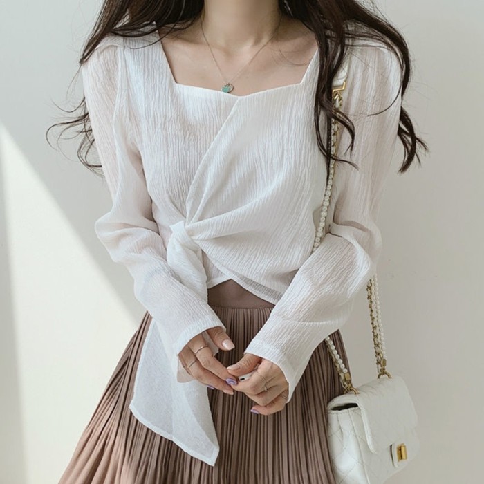 Vintage Square-Collar Shirt ✨ | Loose Long-Sleeve Asymmetrical Belt Top