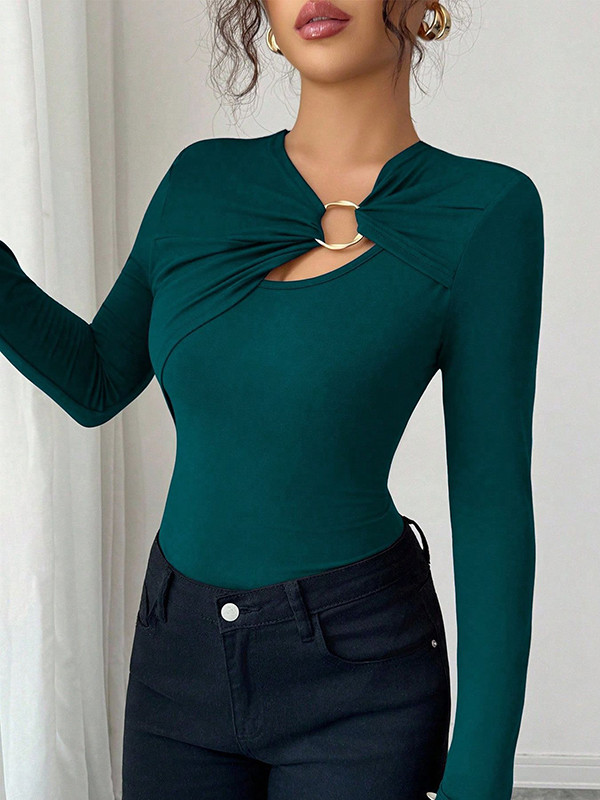 Split-Joint Solid Color Skinny Long Sleeves Asymmetric Collar T-Shirts