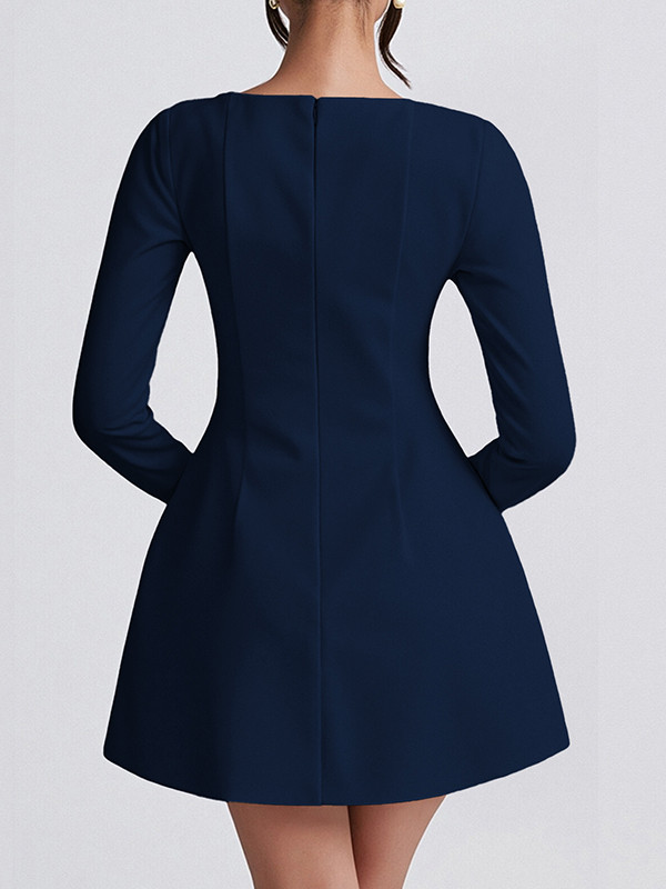 Zipper Solid Color Long Sleeves High Waisted Square-Neck Mini Dresses