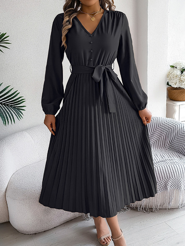 Solid Color Pleated Buttoned Belted Puff Sleeves Long Sleeves V-Neck Maxi Dresses