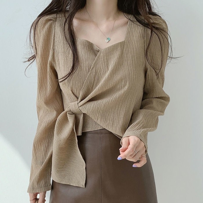 Vintage Square-Collar Shirt ✨ | Loose Long-Sleeve Asymmetrical Belt Top