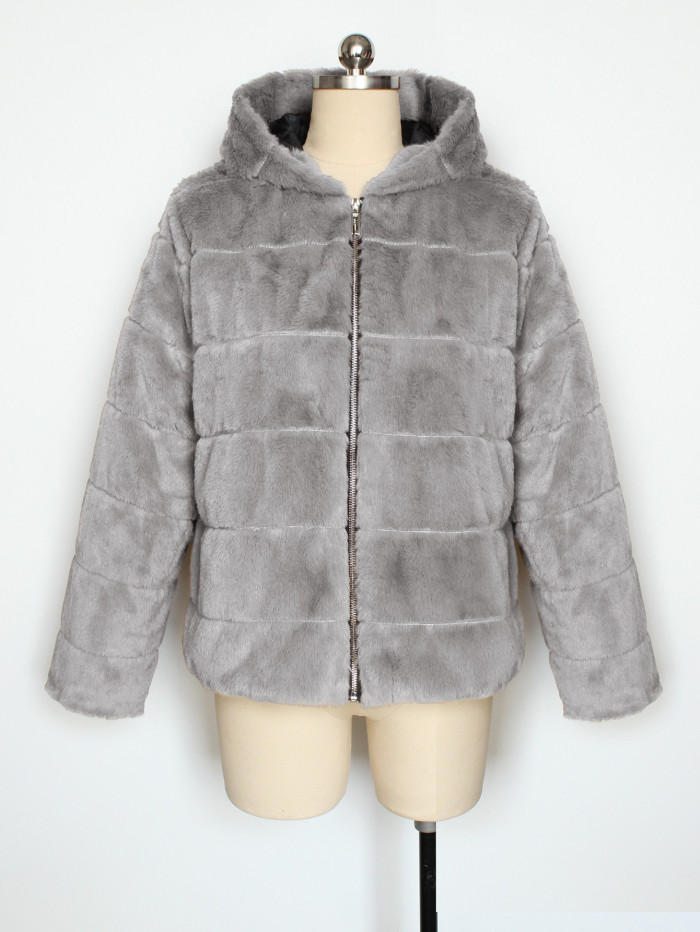 New Fashion Faux Fur Coat Hooded 2025 Women Thicken Winter Zipper Long Sleeve Ladies Loose Warm Jackets Casual  P196
