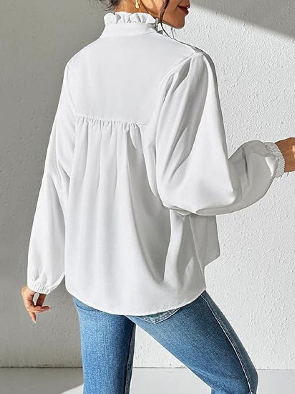 Solid Color Ruffled Pleated Seven-Quarter Sleeves Puff Sleeves Stand Collar Blouses&Shirts Tops