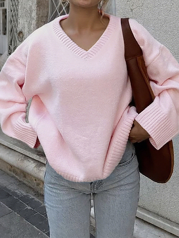Solid Color Ribs Loose Long Sleeves V-Neck Sweater Tops
