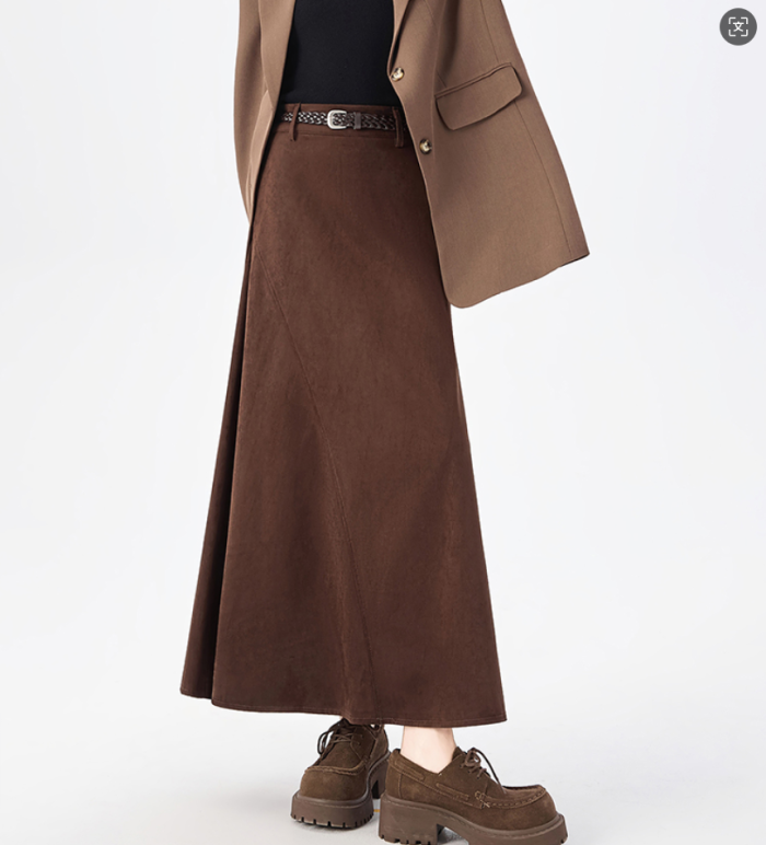 Elegant Korean Women Suede Skirts For Office Ladies Pockets Casual Loose A-Line High Waist Midi Skirt 2025 Autumn Winter L198