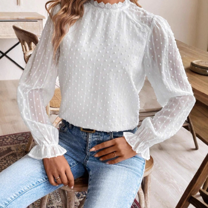 Elegant Lace Trim Long Sleeve round Neck Shirt 2025 New Style Fashionable Commute Polyester Woven Fabric Urban Scenery Pattern