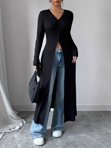 Split-Front Solid Color Buttoned Skinny Long Sleeves V-Neck T-Shirts