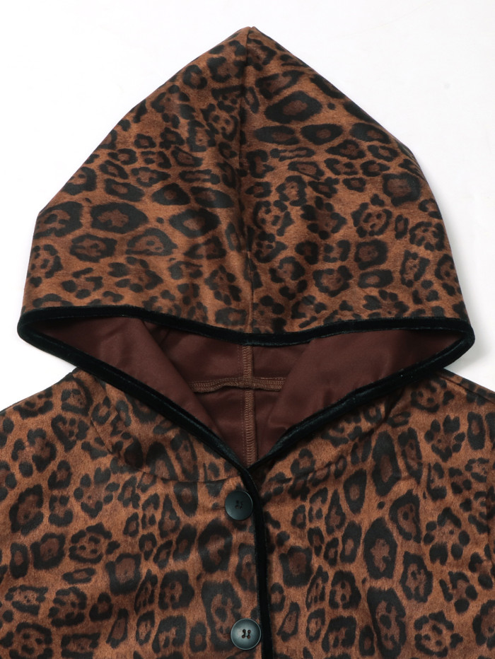 Suede Coat  Leopard Women's 2025 Autumn Winter Hooded Ladies Casual Loose  Female Long Overcoat Q195a
