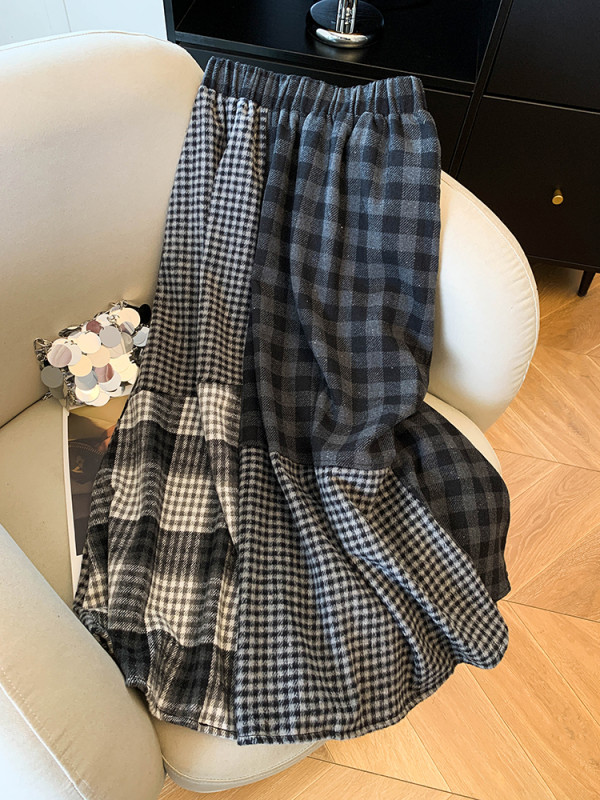 Vintage Women Long Irregular Plaid Thick Faux Woolen Skirts For Ladies Autumn Winter Loose Casual High Waist Midi Skirt SK6