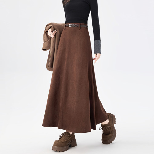 Elegant Korean Women Suede Skirts For Office Ladies Pockets Casual Loose A-Line High Waist Midi Skirt 2025 Autumn Winter L198