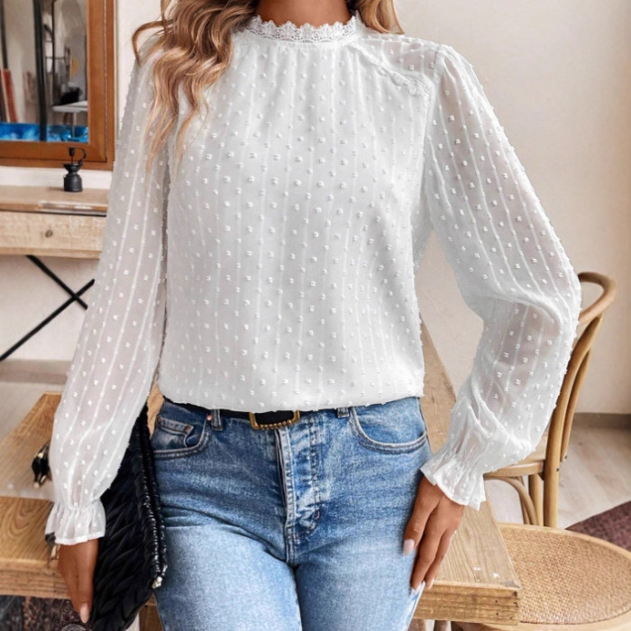Elegant Lace Trim Long Sleeve round Neck Shirt 2025 New Style Fashionable Commute Polyester Woven Fabric Urban Scenery Pattern
