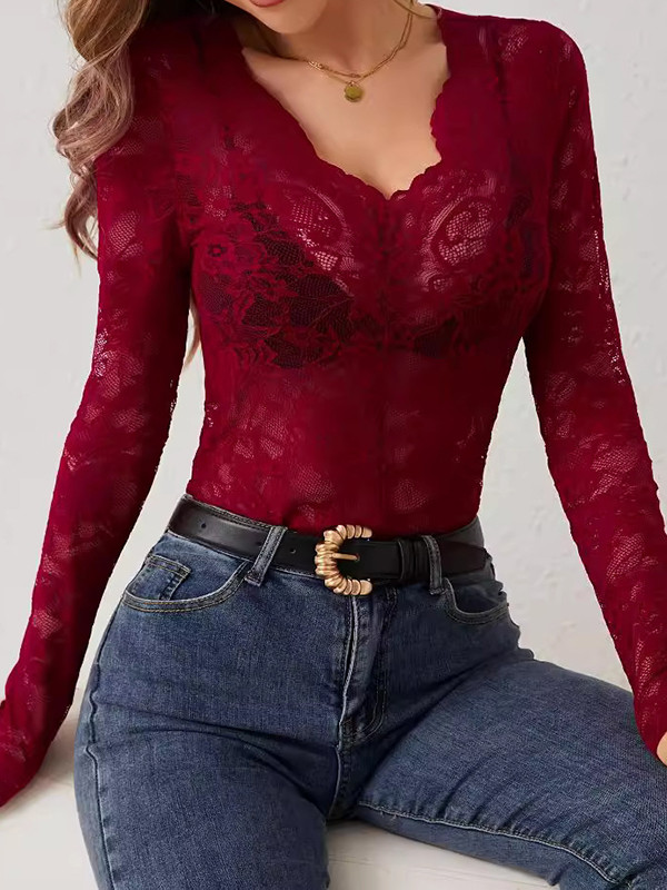 Solid Color See-Through Lacy Skinny Long Sleeves V-Neck T-Shirts