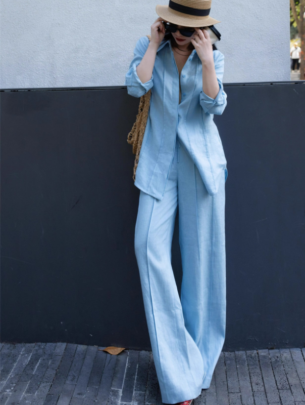 Cotton Linen  Ladies Blouses Pants Suits Loose Turn-down Collar Female Women Casual Shirts 2 Pieces Set