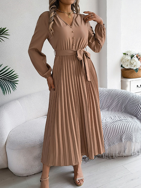 Solid Color Pleated Buttoned Belted Puff Sleeves Long Sleeves V-Neck Maxi Dresses