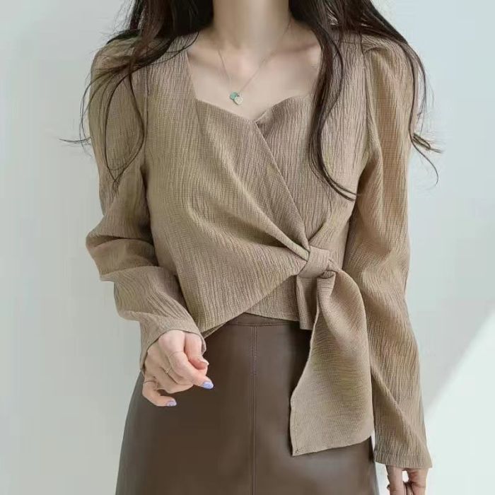 Vintage Square-Collar Shirt ✨ | Loose Long-Sleeve Asymmetrical Belt Top