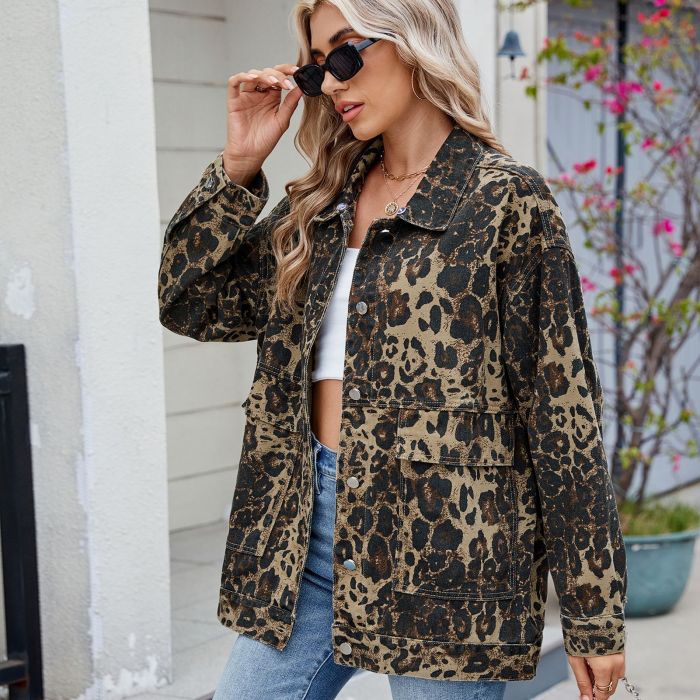 New Chic Women Denim Coats Autumn Female Button Long Sleeve Leopard Loose Jeans Coats Fashion