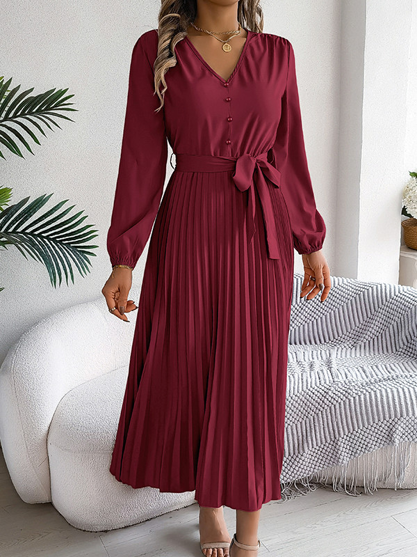 Solid Color Pleated Buttoned Belted Puff Sleeves Long Sleeves V-Neck Maxi Dresses