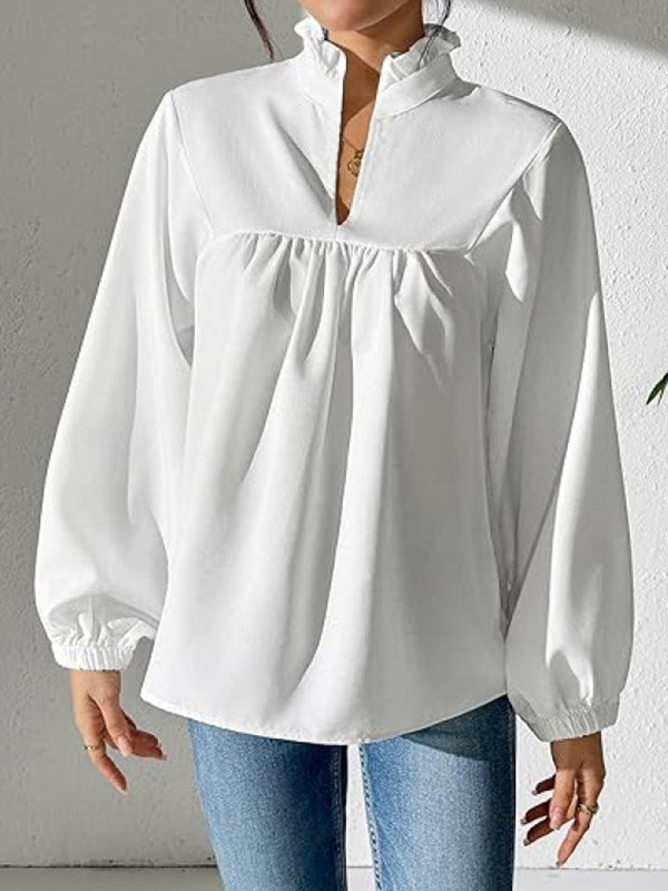 Solid Color Ruffled Pleated Seven-Quarter Sleeves Puff Sleeves Stand Collar Blouses&Shirts Tops